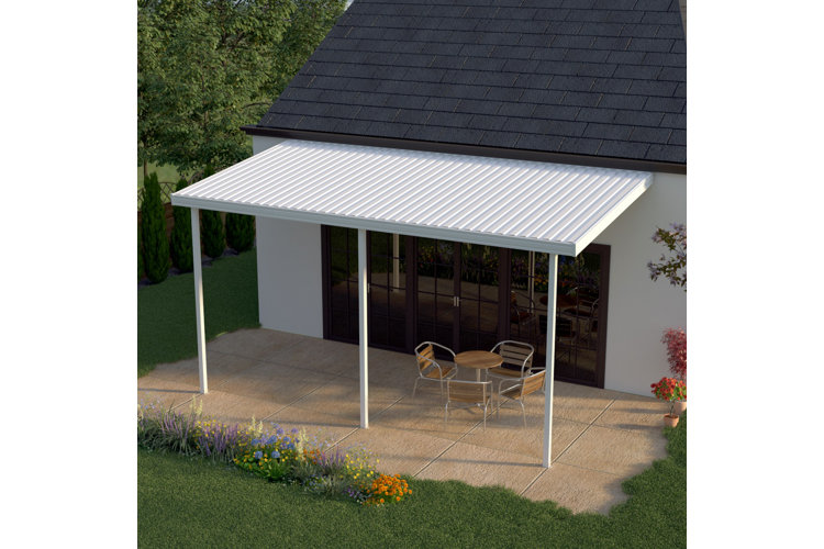 Back patio with a white metal awning and three support beams above a small patio dining set.