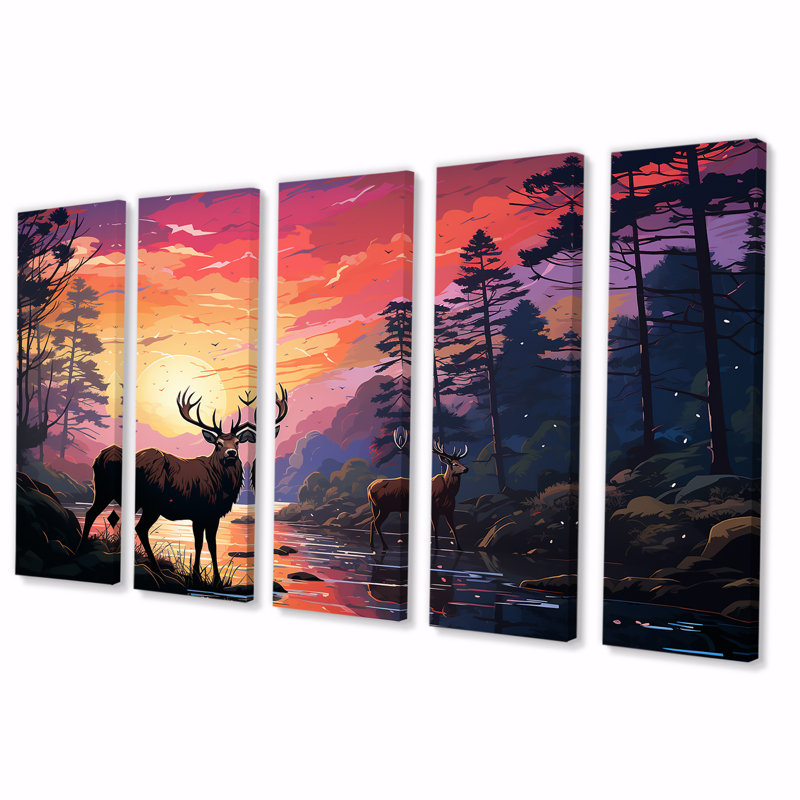 Paysage de cerf au clair de lune II - paysage de chevreuil, ensemble de 5 pièces, H 28 po x l 60 po