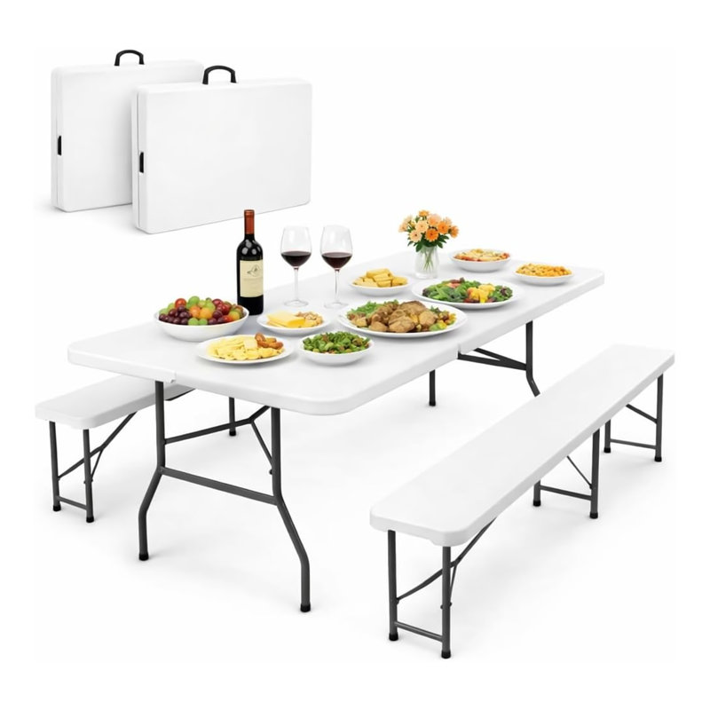 Ensemble de table de pique-nique pliable Simpli-Magic de 6 pi avec 2 bancs, table en plastique portative robuste d'une capacité de 300 lb, ensemble intérieur / extérieur avec poignée de transport et pieds verrouillables pour les fêtes, le camping, les pique-niques et les événements, blanc