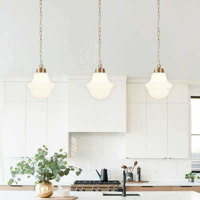Myrtis 8.26 in. 1-Light Schoolhouse Metal Pendant Light with Frosted Opal Glass Shade Adjustable Pendant, Antique Brass