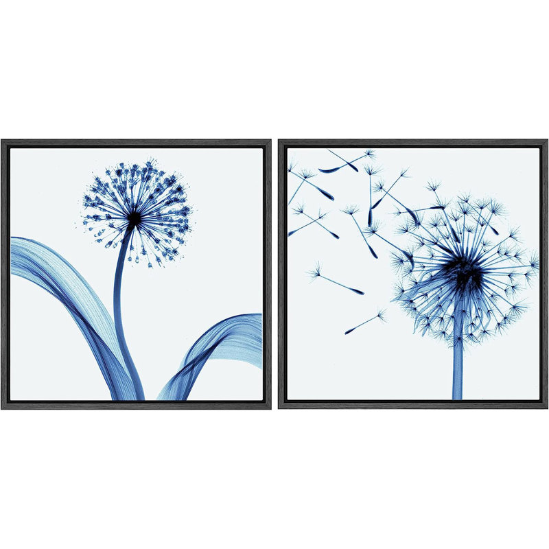 «Blue Dandelion Duo In The Wind Floral», reproduction sur toile 2 pièces, H 24 po x l 48 po x P 1,5 po, Noir