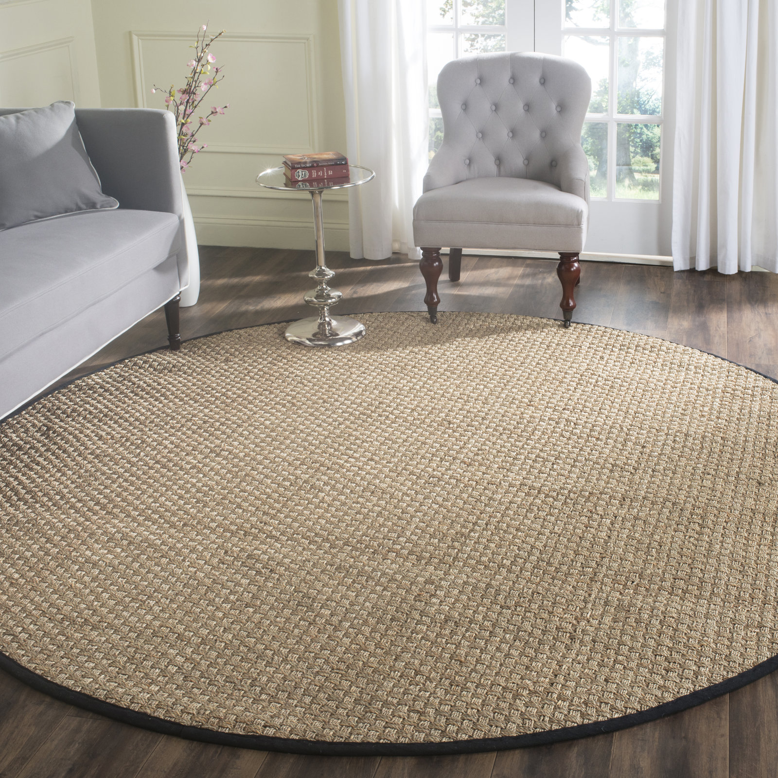 Natural Black Seagrass Rug, Round 6'