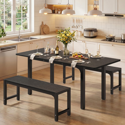  4-6 Person Extendable Dining Set with Benches and Smart-Flip Leaf, Space-Saving Kitchen Table Set for Apartment and Dining Room