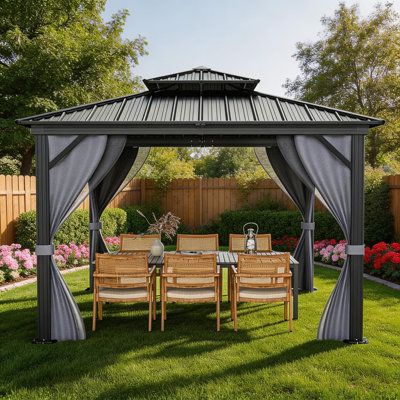Aluminum Hardtop Gazebo with Polycarbonate Double Roof, Curtains and Netting for Outdoor