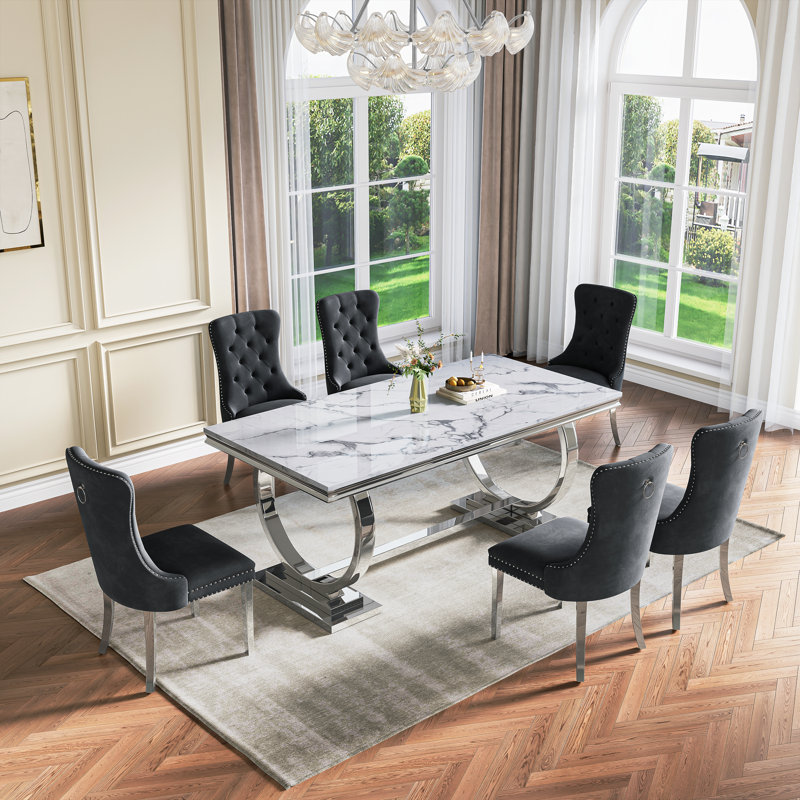 Rectangular 70.1"L X 35"W Dining Set, Noir / argenté, Blanc / argenté, 7 pièces : table, 6 chaises