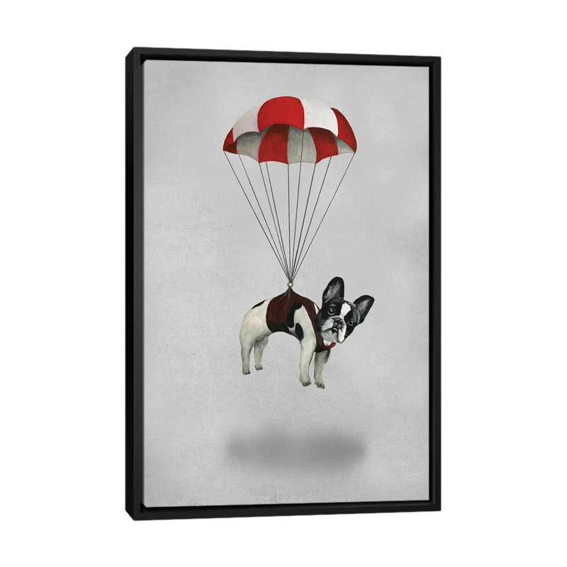Reproduction d’art sur toile tendue, "bouledogue avec parachute" coco de paris, Toile avec cadre noir, Pas de tapis