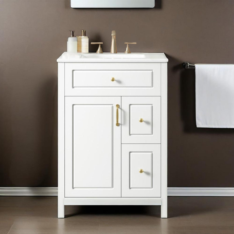 Meuble-lavabo 24 po avec lavabo en céramique, 1 porte à fermeture en douceur, 2 tiroirs à fermeture en douceur et 2 supports de rangement sur la porte