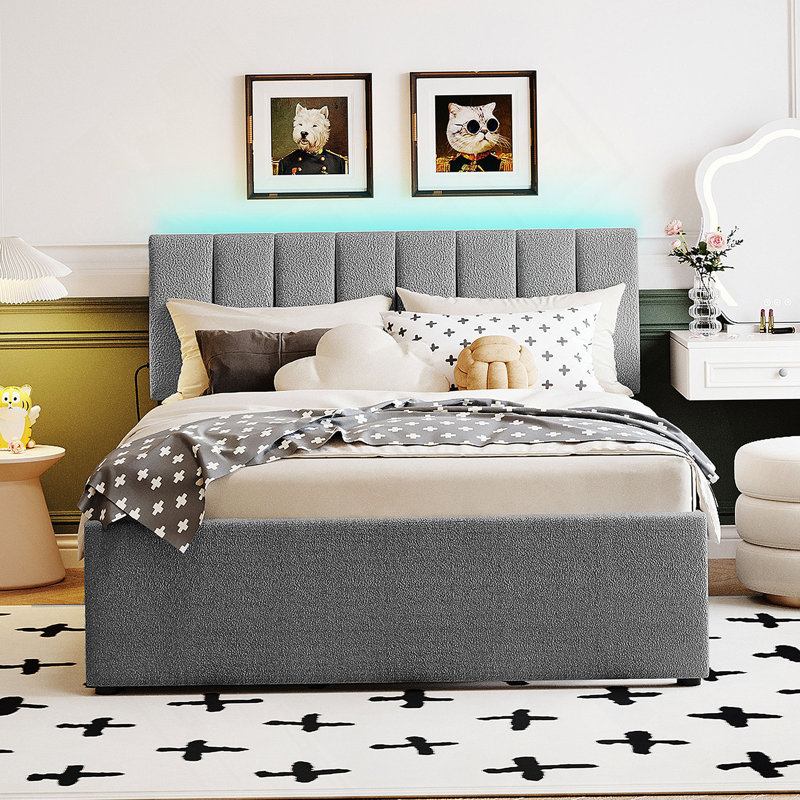 Lit plateforme tapissier Teddy, Gris, Double