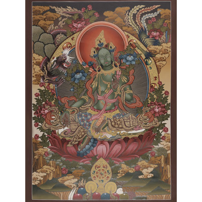Déesse verte Tara Brocadeless Thangka | Art mural bouddhiste tibétain peint à la main | Décoration en or 24 carats de protection et de bienveillance (37 po x 26 po)