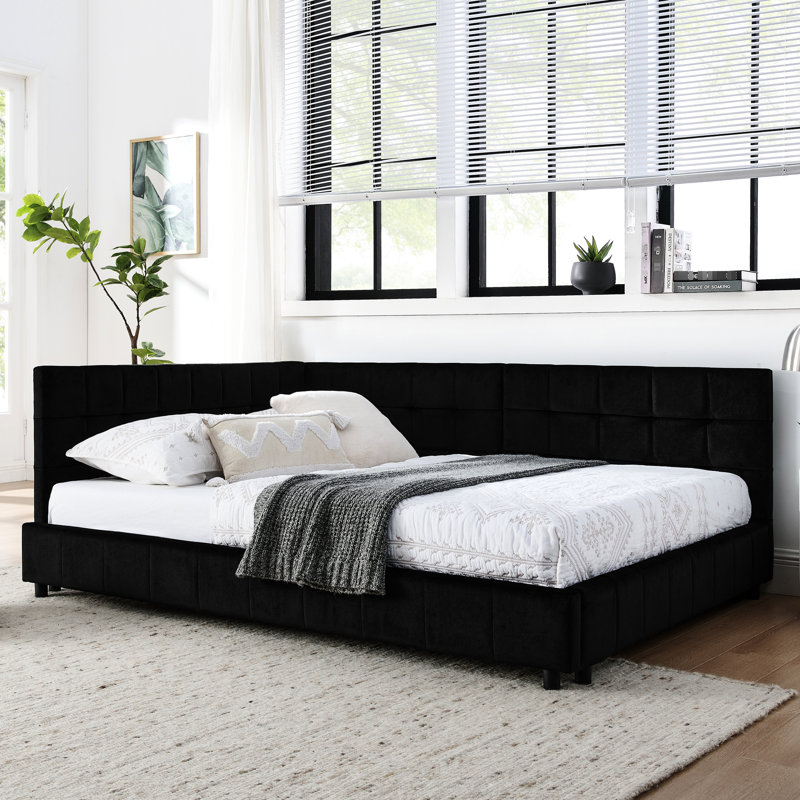 Mid-Century Full Daybed With Velvet Upholstery - Comfortable And Suitable For Bedroom Living Room Black Upholstered Size Bed Frame With Construction For