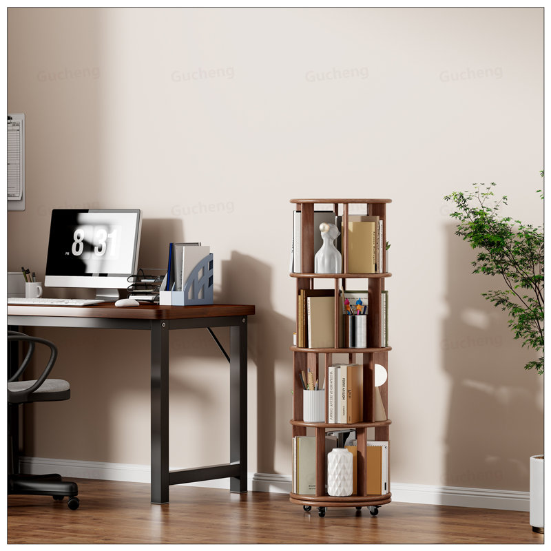 Solid Wood Rotating Bookshelf On Wheels, 4 Tier, Round Revolving Bookcase, 360° Spinning For Small Spaces And Corners
