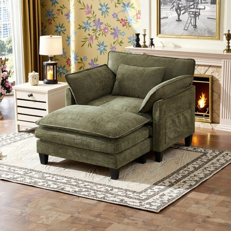 Fauteuil d'appoint de 42 pouces de large avec structure en bois massif de repose-pieds amovible et coussin double couche