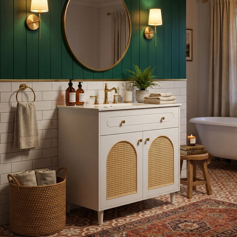 Meuble-lavabo 30 po Boho-Chic Rattan, Blanc