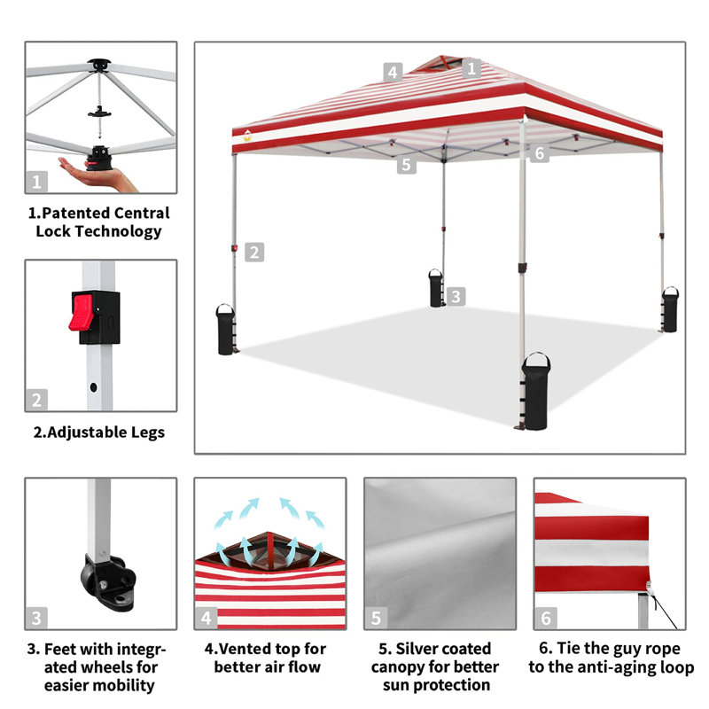 10 Ft. W x 10 Ft. D Metal Pop Up Canopy Tent with One Push Setup, Red Stripes