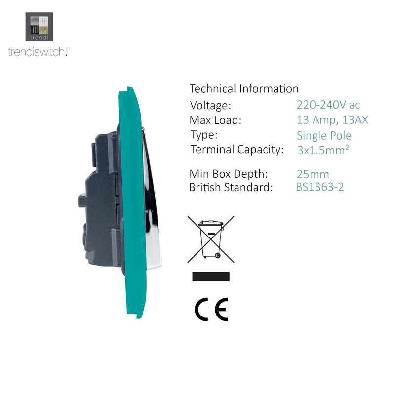 Trendi Switch 1 Gang 13 Amp Switched Plug Socket, Bright Teal