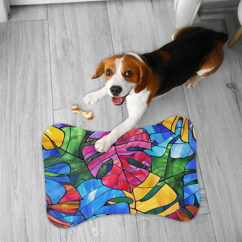 Stained Leaf Design - 1 Piece Bone Shape Feeding Mat, Small (14")
