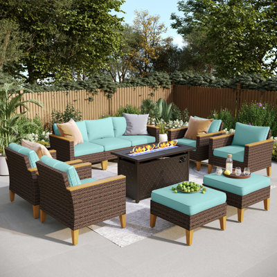 Phenice 9 - Person Wicker Outdoor Patio Conversation Furniture Sectional Set with Fire Pit Table