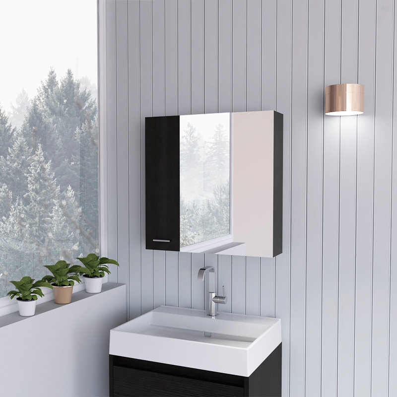Armoire à pharmacie à miroir, avec quatre tablettes internes, double porte, rangement minimaliste pour la salle de bain, Noir