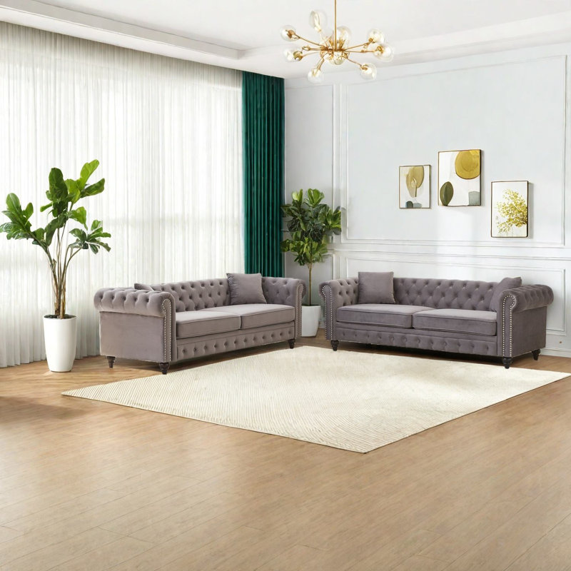 Ensemble de canapés modernes en velours, structure en bois, style Chesterfield pour le salon