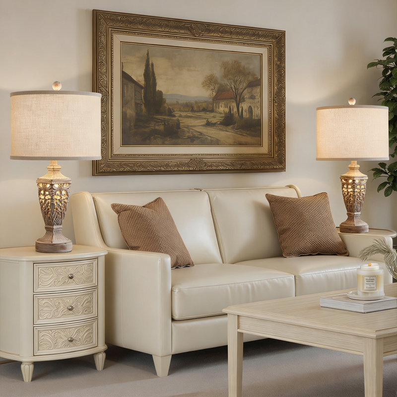  Lampe de table campagnarde en résine 24,5 "avec veilleuse et USB Type-C pour le salon de la chambre à coucher, Antique white