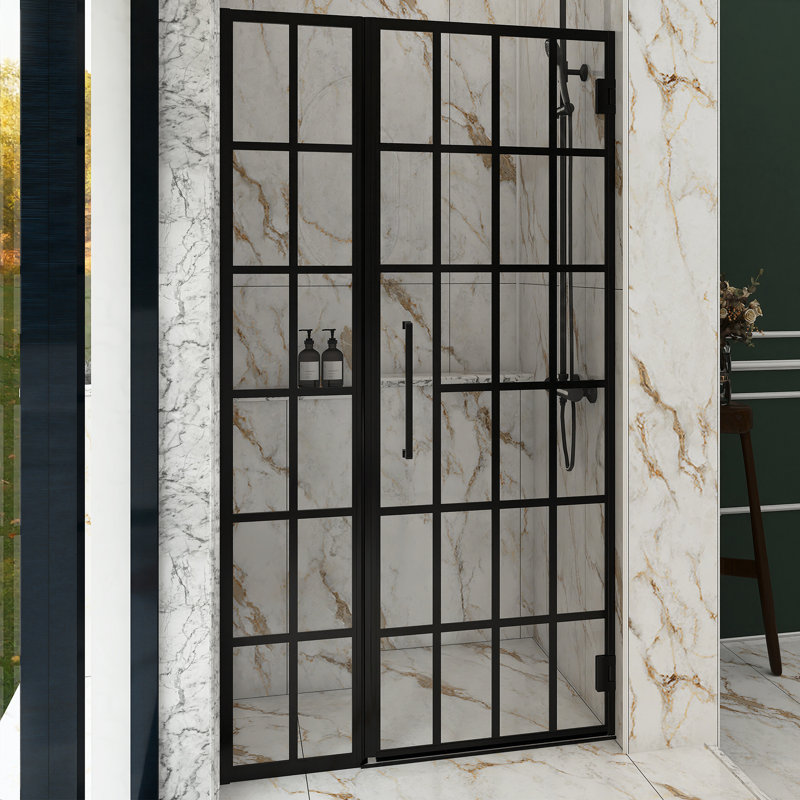 34 po X P 72 po H Porte de douche pivotante sans cadre en noir mat