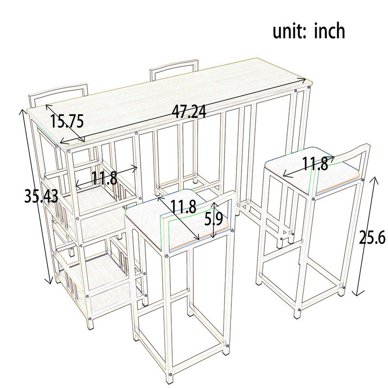 Bar table and chair five piece set, gold frame, multi-layer tabletop, chair cushion and backrest made of sponge, table with storage function (gold)