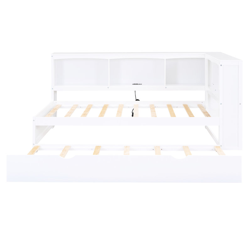 Lit de jour simple avec lit gigogne et rangement - Fentes en bois massif blanc, White
