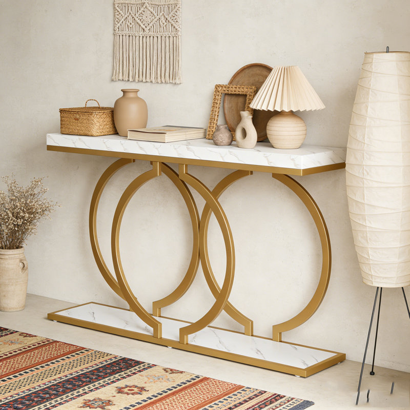 Narrow Console Table Entryway Sofa Table with Geometric Metal Frame, Faux Marble White/Gold