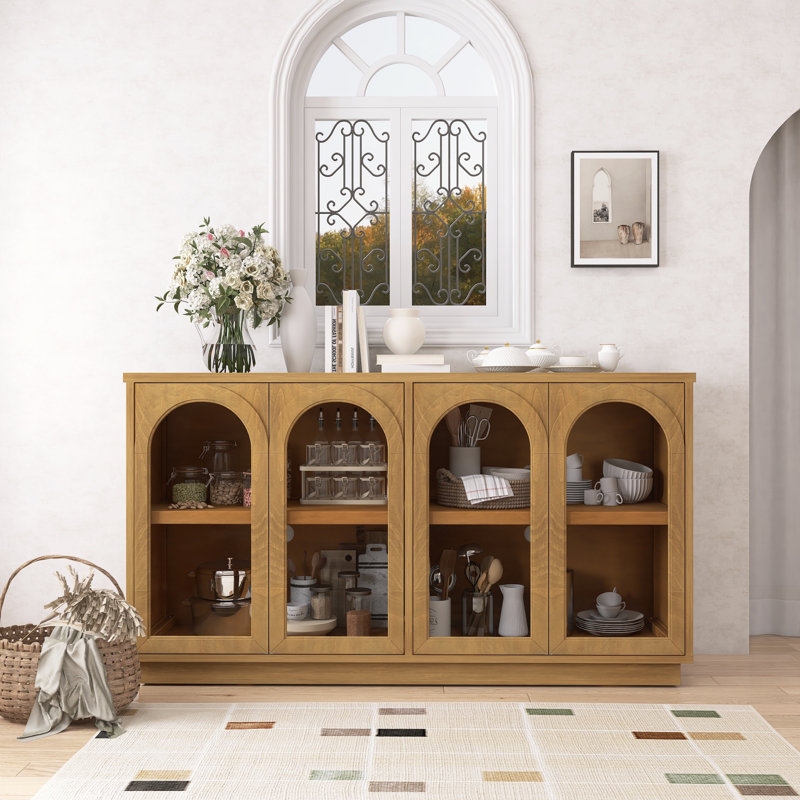 Armoire arquée avec portes en verre et tablettes réglables, Bois de pin vieilli
