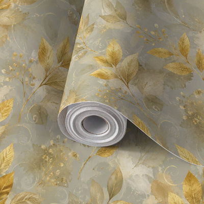 Papier auto-adhésif à peler et coller avec feuilles dorées et aquarelle beige auto-adhésif et amovible 17,7 po x 118 po (45 x 300 cm)