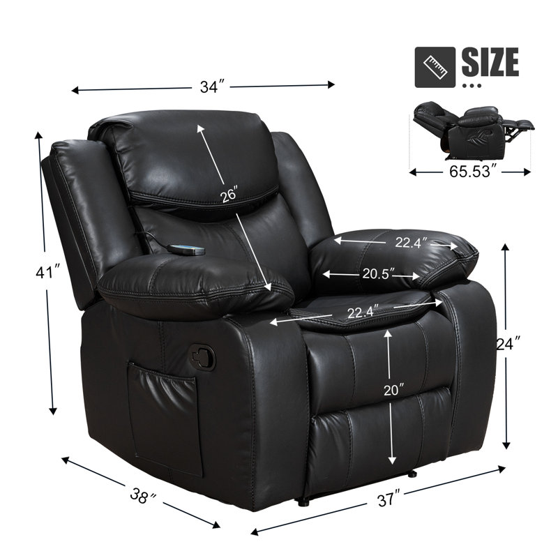 Ensemble de 2 fauteuils inclinables manuels en similicuir avec massage vibratoire et chaleur lombaire, canapé inclinable simple réglable avec poche de rangement latérale, fauteuils ergonomiques pour le salon, la chambre à coucher et le cinéma maison