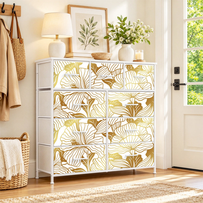 Commode avec 9 tiroirs en tissu, commode haute pour chambre à coucher, commode à grandes tiroirs pour le salon, Blanc