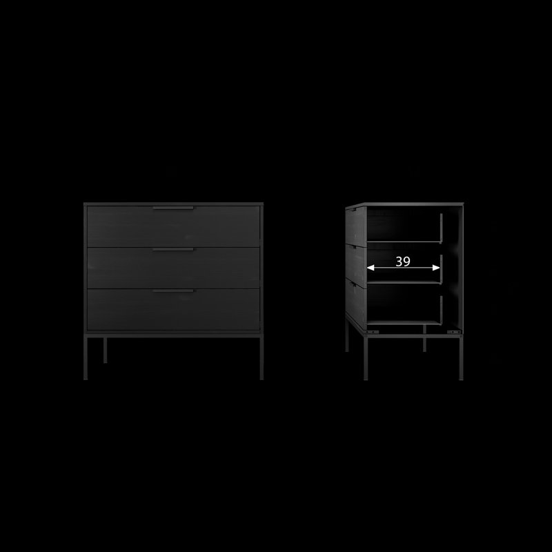 3 Drawer 94cm W Solid Wood Dresser, Black