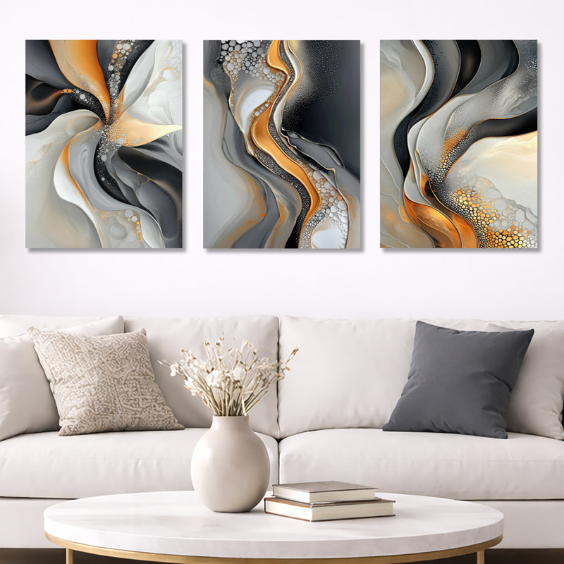 Impression sur toile abstraite fractale dorée et grise, Toile tendue, H 32 po x l 72 po