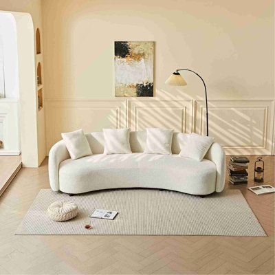 101" Oversized Modern Curved Sofa, Mid-Century White Half Moon Bouclé Fabric Couch, Plush Upholstered Curved Sofa with 4 Throw Pillows, Extra Large Cloud-Like Comfy Sofa for Living Room, Apartment