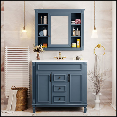 Meuble-lavabo de 36 pouces avec lavabo supérieur et armoire à miroir bleu royal, offrant un rangement élégant et un design moderne