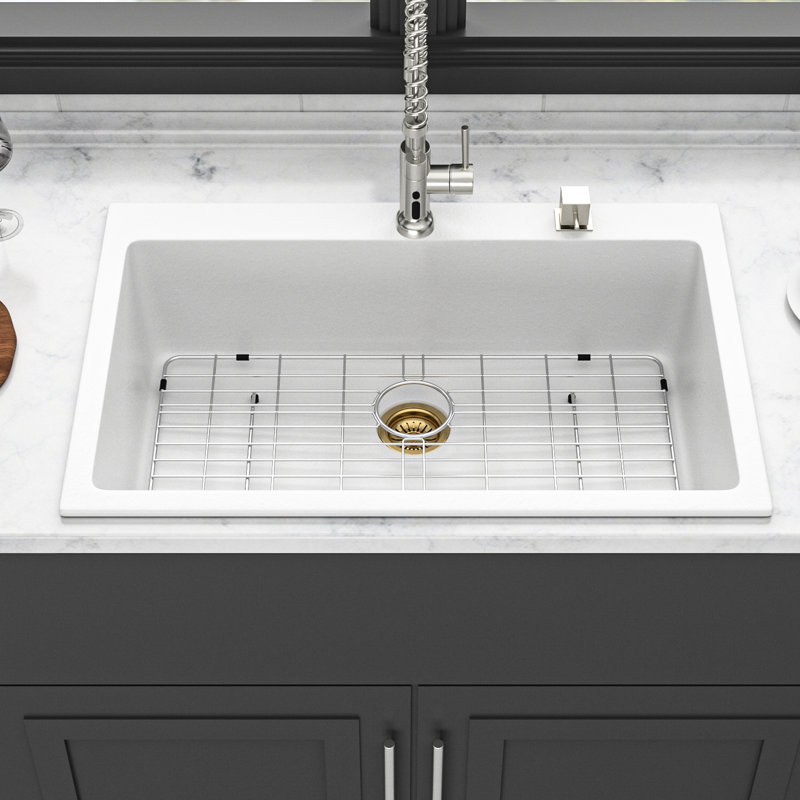Évier de cuisine en quartz blanc de 33 po x 22 po, composite avancé, réduit les vibrations, lisse et anti-égratignures, coins arrondis pour un essuyage simple, paquet avec support de séchage et gabarit d'installation