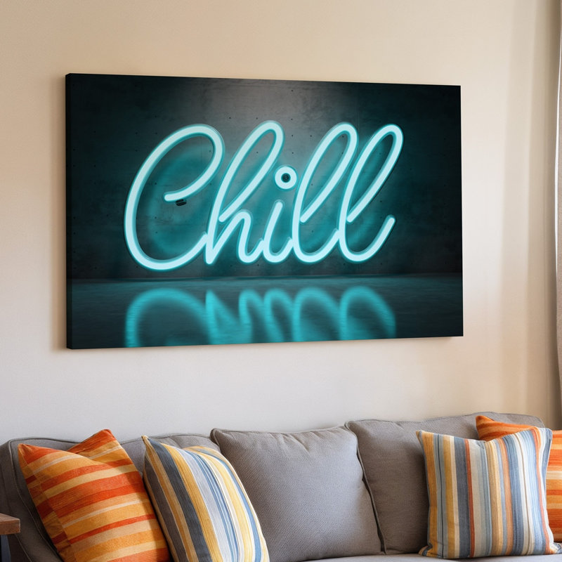 "Toile", "Créez une image visuellement saisissante" avec le mot "Chill", art mural rendu dans un script fluo fluide