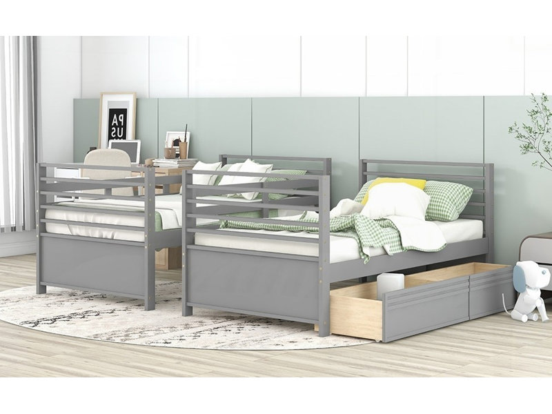 Lit superposé simple en bois avec deux tiroirs - gris (peu encombrant, robuste et durable), gris