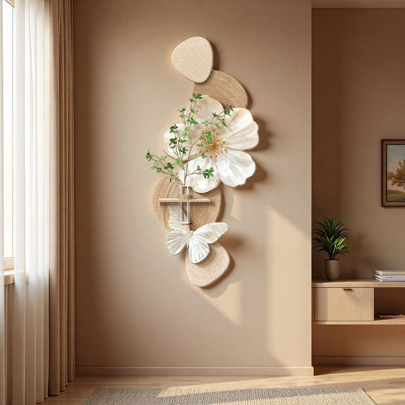Art mural floral grès crémeux avec pot de fleurs hydroponique - décor de vestibule, H 47,24 po x l 21,26 po x P 0,98 po