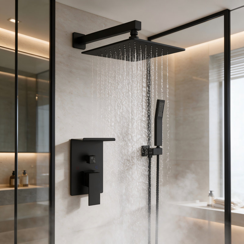 Ensemble de douche complet noir mat, pomme de douche à pluie haute pression carrée murale avec tablette de rangement