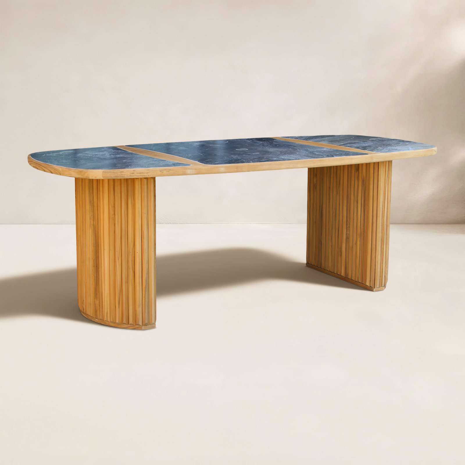 Estate Oval Fluted Teak & Orobico Sintered Stone Dining Table, Gray
