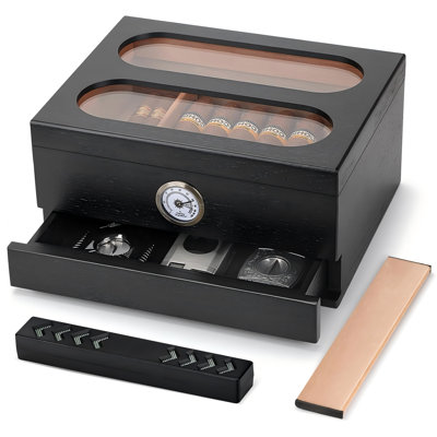 Cigar Humidor with Front Hygrometer, Humidifier and Accessory Drawers,Black