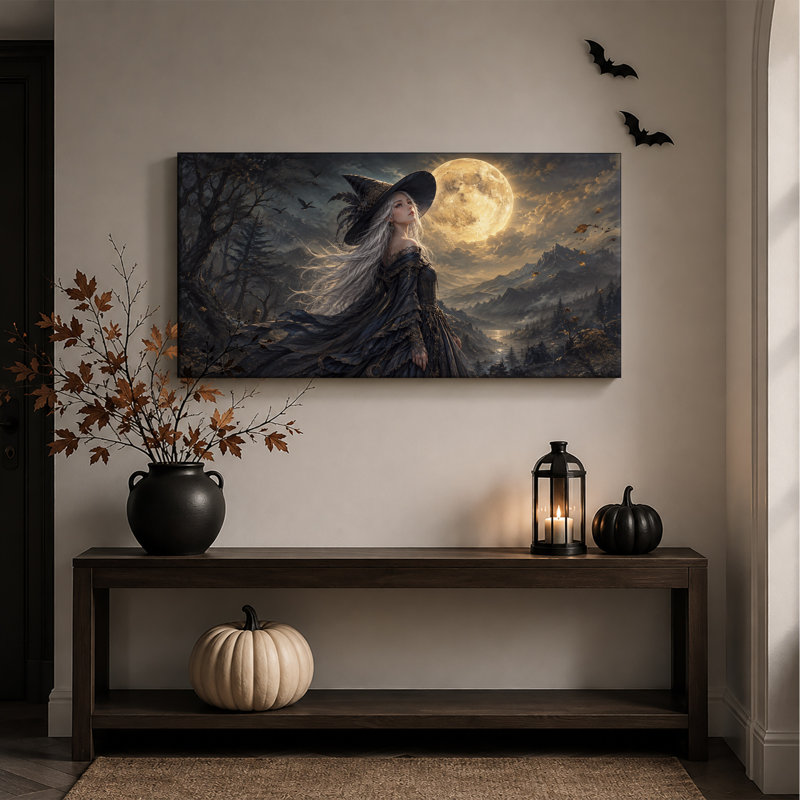 Sorcière au chapeau noir contemplant la pleine lune à l'occasion de l'Halloween - Toile murale, L 40 po x H 20 po