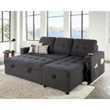 84 Inch Pull-Out Sleeper Sofa With Storage Chaise, Tufted L-Shaped Convertible Couch, 2 USB Ports & Cup Holders
