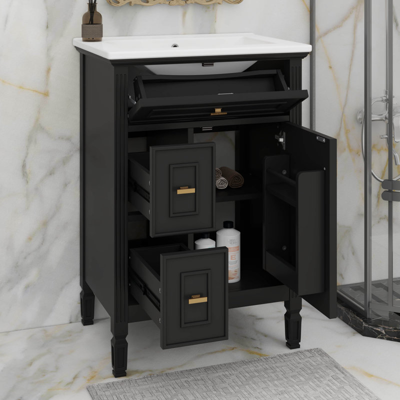 Meuble-lavabo 24 po avec lavabo, meubles-lavabos, 1 tiroir rabattable, 2 tiroirs et tablette réglable, Noir