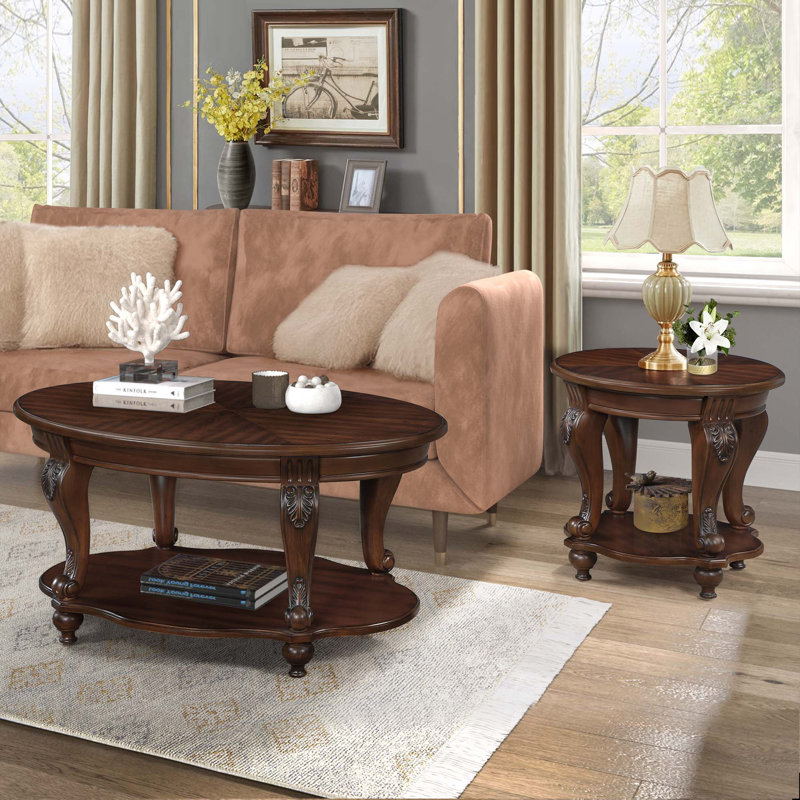 3 Pieces Wood Living Room Table Set, Cherry