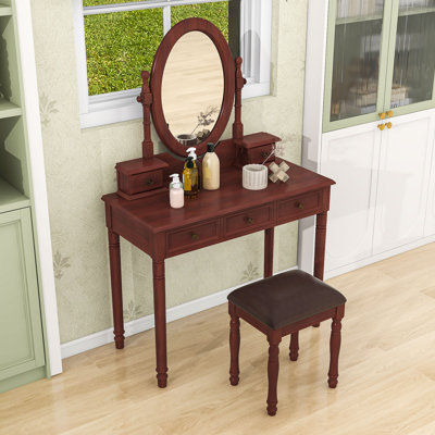 Vintage Makeup Vanity Desk with Adjustable Mirror, 3 Velvet-Lined Drawers and Cushioned Stool