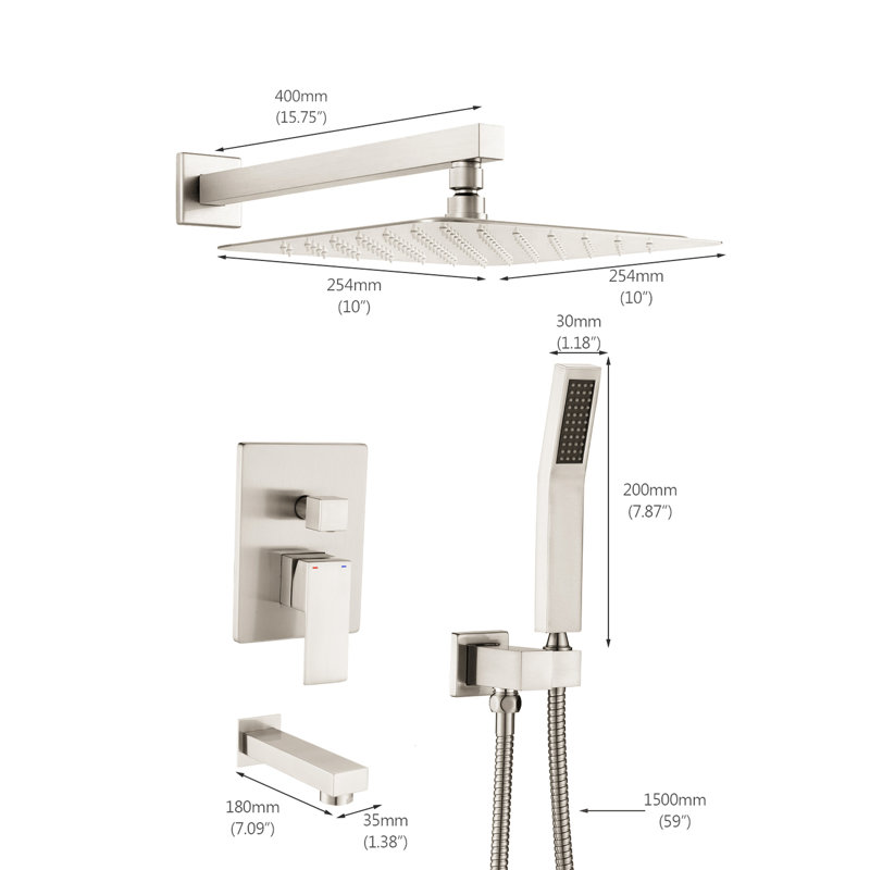 Douche de 10 pouces au fini nickel brossé - pomme de douche à pluie, douche à main, haute performance, système de salle de bain résistant aux fuites, installation facile de 10 po, longue durée de vie