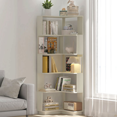 Bibliothèque de coin autoportante à 6 niveaux en forme de L pour le salon, la chambre à coucher, bibliothèque en bois avec dispositif anti-chute et dispositif anti-basculement, étagère de rangement ouverte pour bureau à domicile